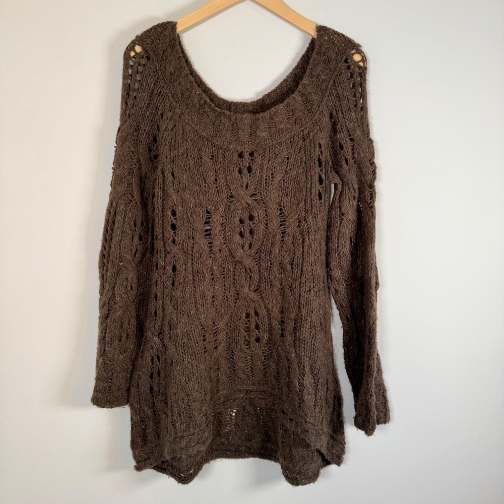 Free‎ People Wool Alpaca BOHO Crochet Knit Pullover Sweater Mocha Moose Medium